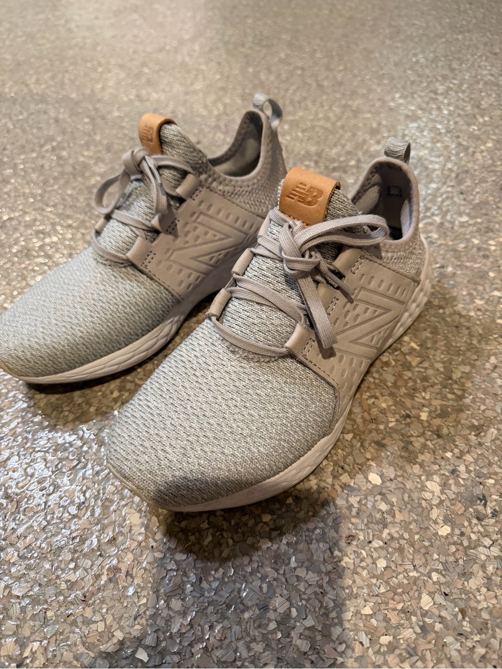 New Balance Light Gray Knit Sneakers with Tan Logo Tab